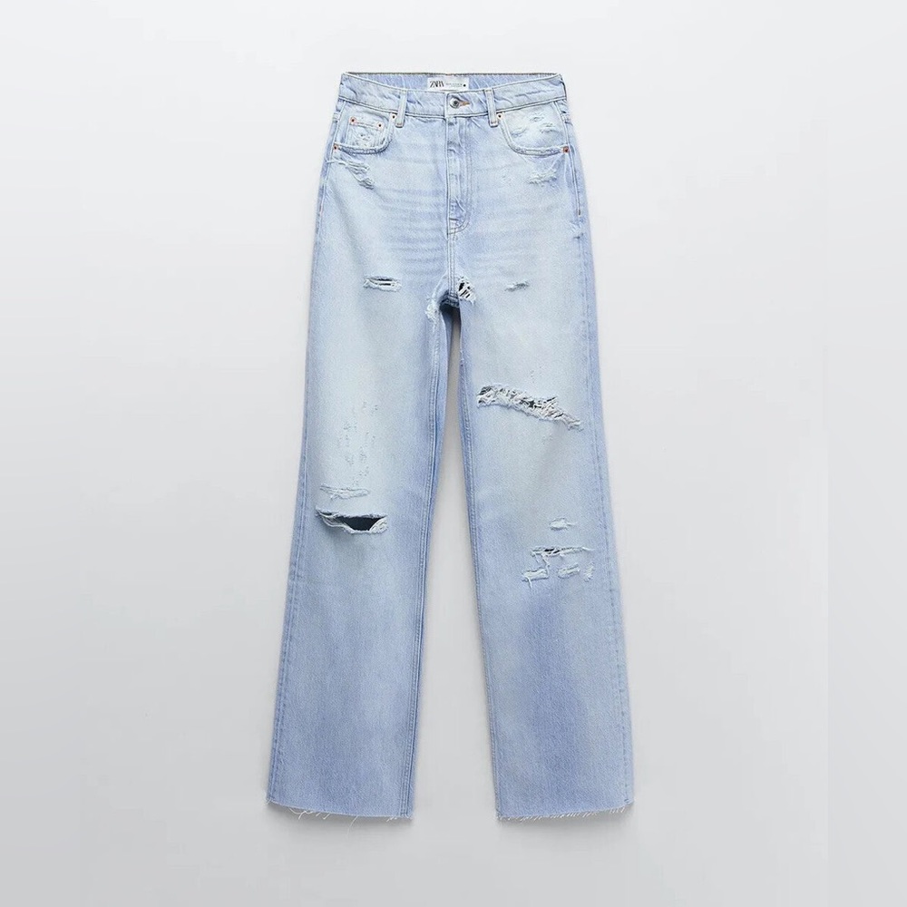 ZARA Women Premium Denim Collection Distressed Straight Leg Denim